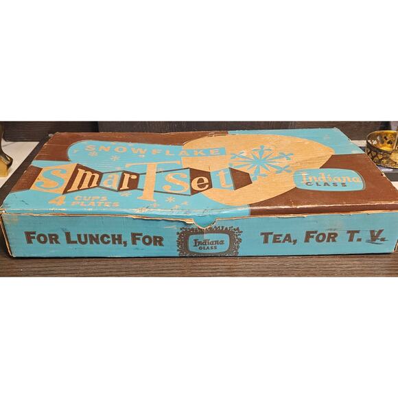 VTG INDIANA GLASS Snowflake T Set for 4 Smartset Snack Atomic hinde & Daucn 1960 - Picture 3 of 10